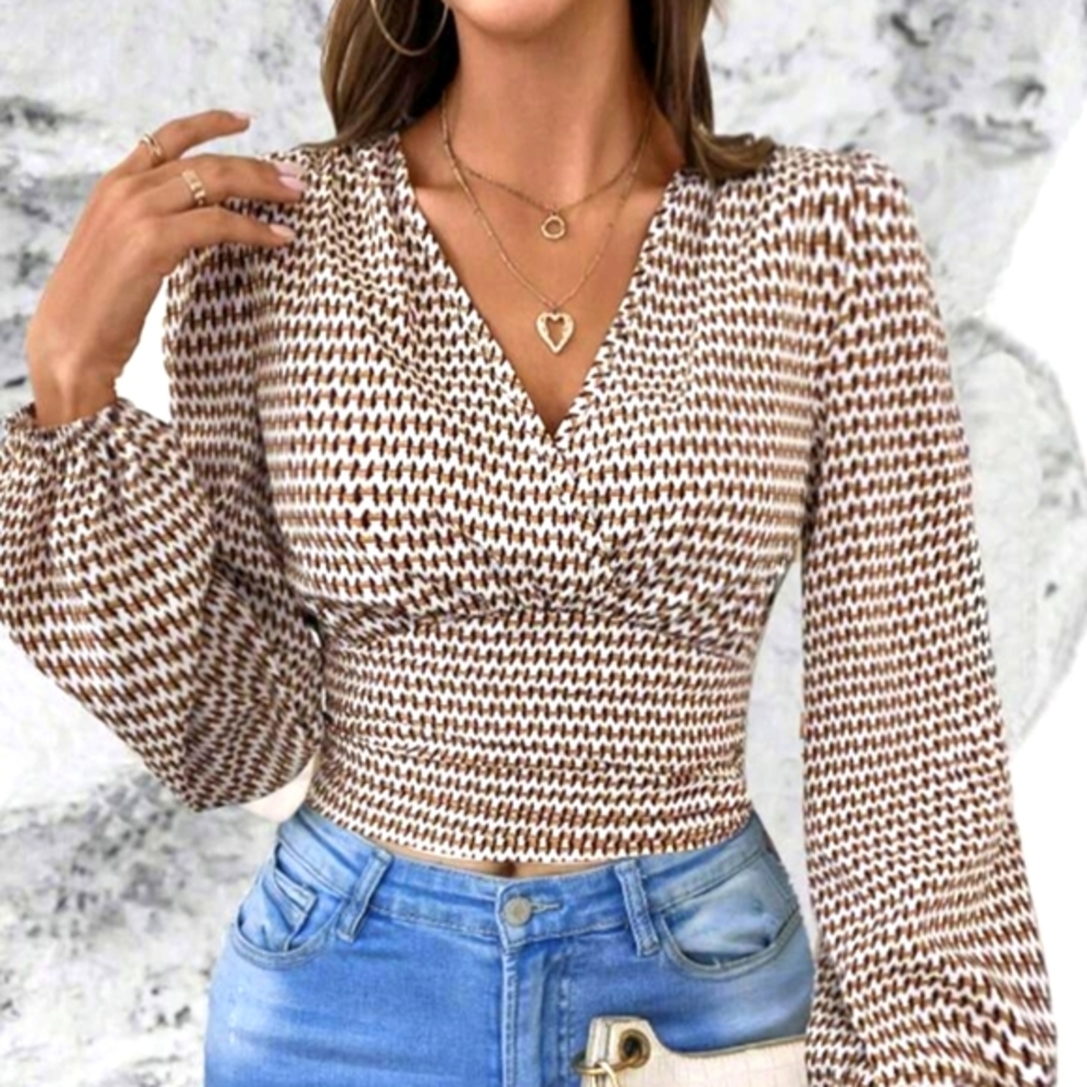 Bohemian Blouse Brown White Houndstooth Print Lantern Long Sleeve Fall Top - Picture 7 of 10